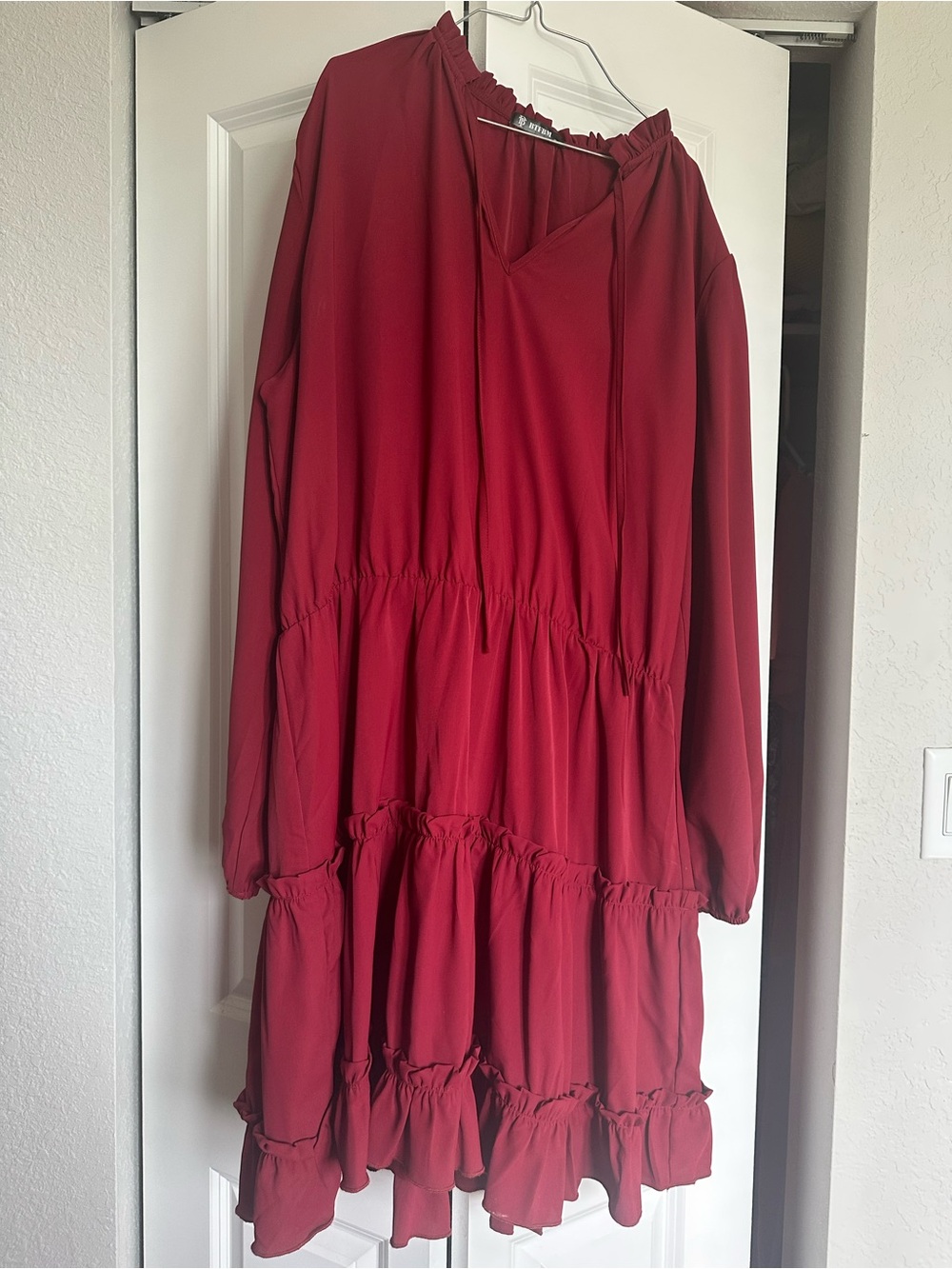 Red Tiered Long Sleeve Babydoll Dress